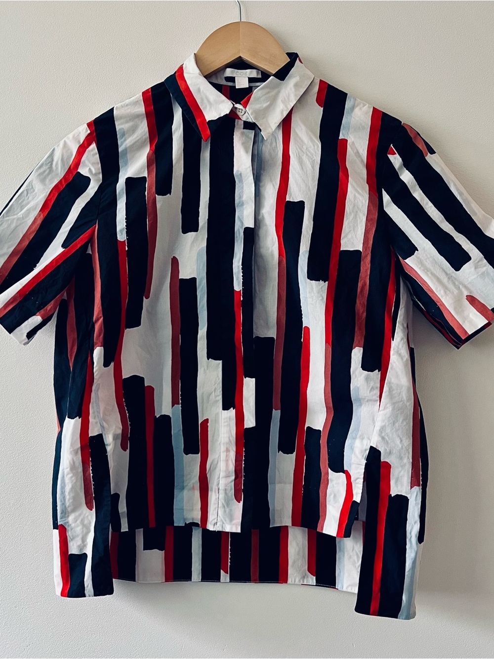 COS Women’s Short Sleeve Brush Stroke Stripe Button-Up Cotton Shirt Sz 2 (XS/S)